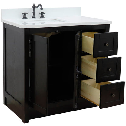 37" Single vanity in Brown Ash finish with White engineered stone top and rectangle sink Left doors/Left sink