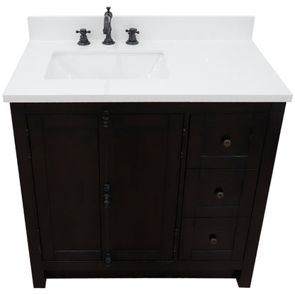 37" Single vanity in Brown Ash finish with White engineered stone top and rectangle sink Left doors/Left sink