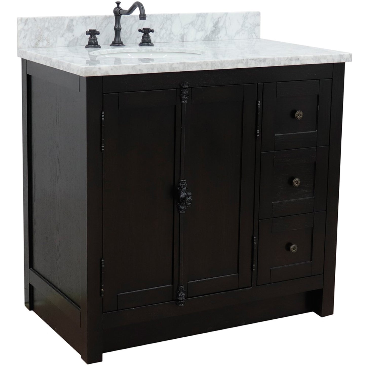 37" Single vanity in Brown Ash finish with White Carrara top and oval sink Left doors/Left sink