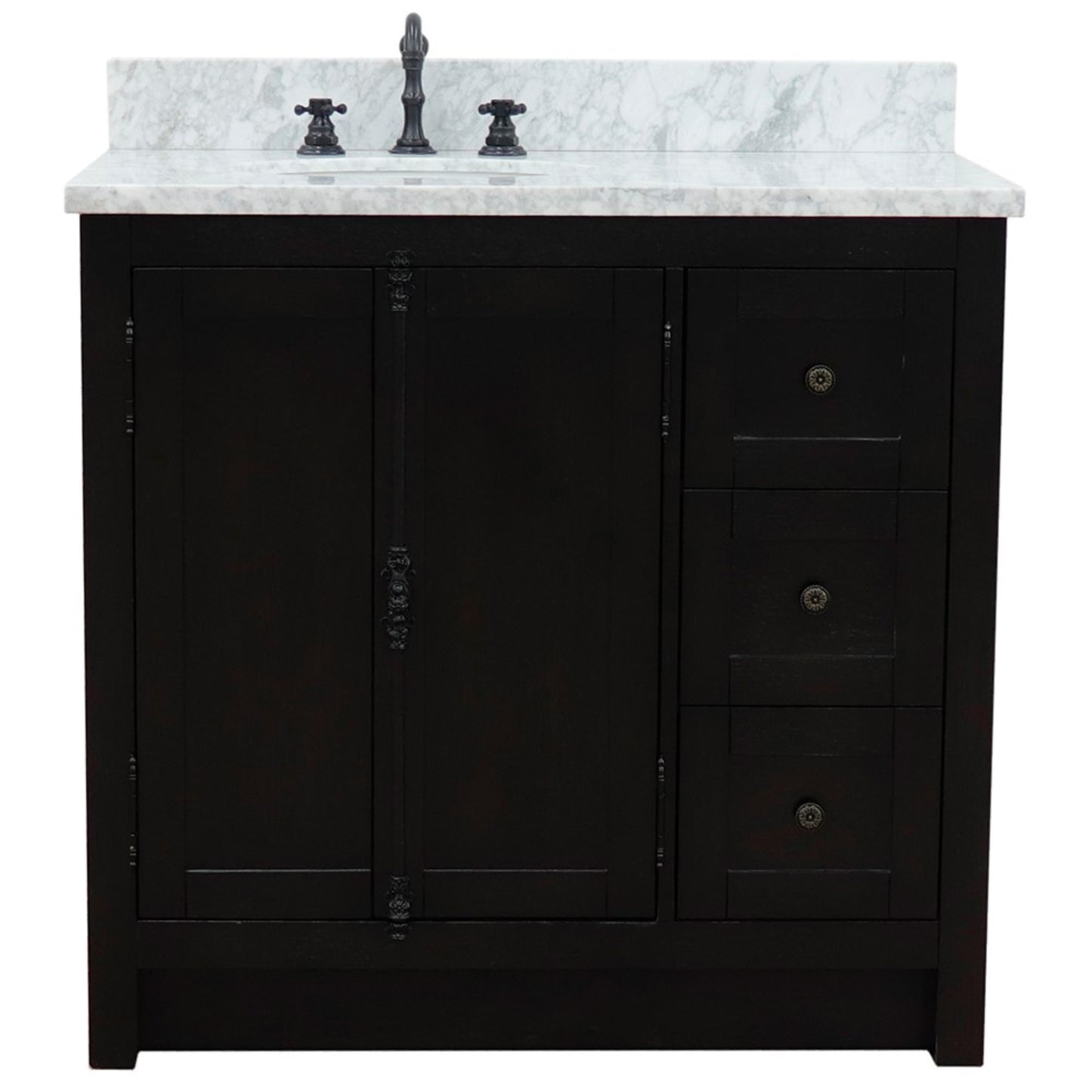 37" Single vanity in Brown Ash finish with White Carrara top and oval sink Left doors/Left sink