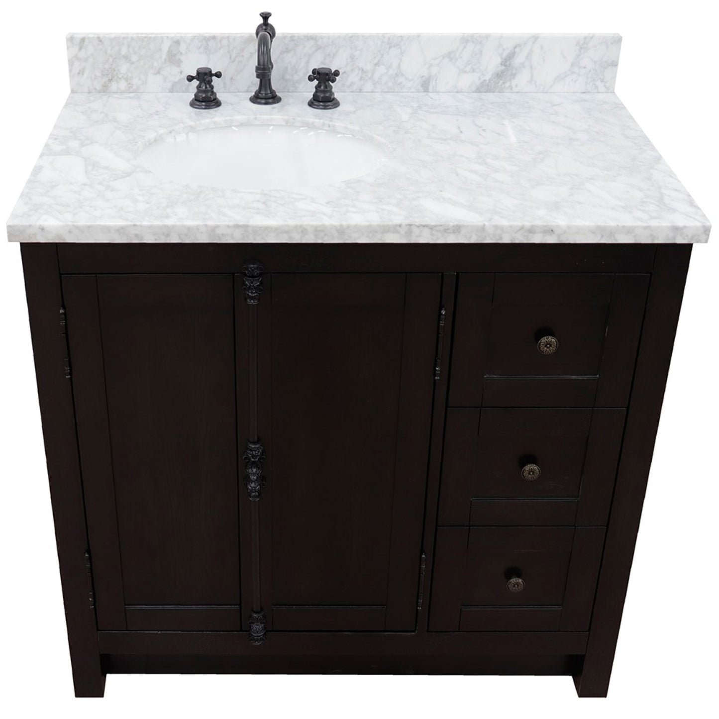 37" Single vanity in Brown Ash finish with White Carrara top and oval sink Left doors/Left sink