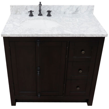 37" Single vanity in Brown Ash finish with White Carrara top and oval sink Left doors/Left sink