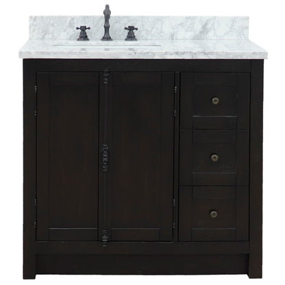 37" Single vanity in Brown Ash finish with White Carrara top and rectangle sink Left doors/Left sink