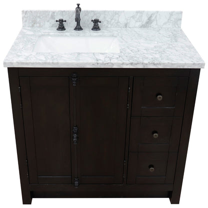 37" Single vanity in Brown Ash finish with White Carrara top and rectangle sink Left doors/Left sink