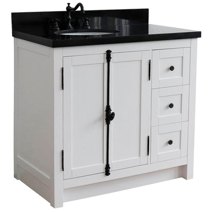 37" Single vanity in Glacier Ash finish with Black galaxy top and oval sink Left doors/Left sink