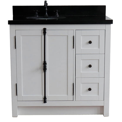 37" Single vanity in Glacier Ash finish with Black galaxy top and oval sink Left doors/Left sink