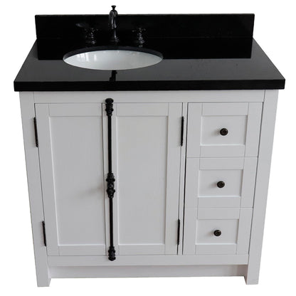 37" Single vanity in Glacier Ash finish with Black galaxy top and oval sink Left doors/Left sink
