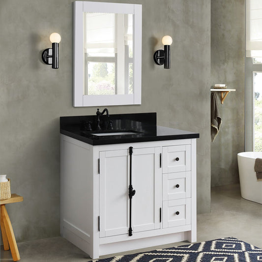 37" Single vanity in Glacier Ash finish with Black galaxy top and rectangle sink Left doors/Left sink