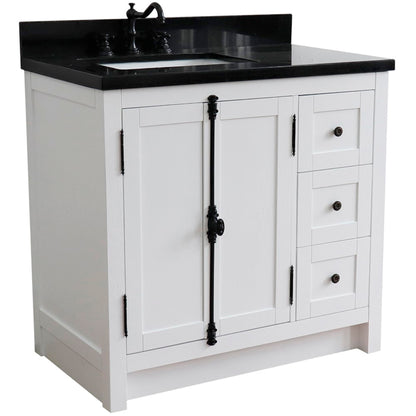37" Single vanity in Glacier Ash finish with Black galaxy top and rectangle sink Left doors/Left sink