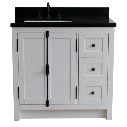 37" Single vanity in Glacier Ash finish with Black galaxy top and rectangle sink Left doors/Left sink