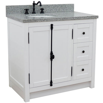 37" Single vanity in Glacier Ash finish with Gray granite top and oval sink Left doors/Left sink