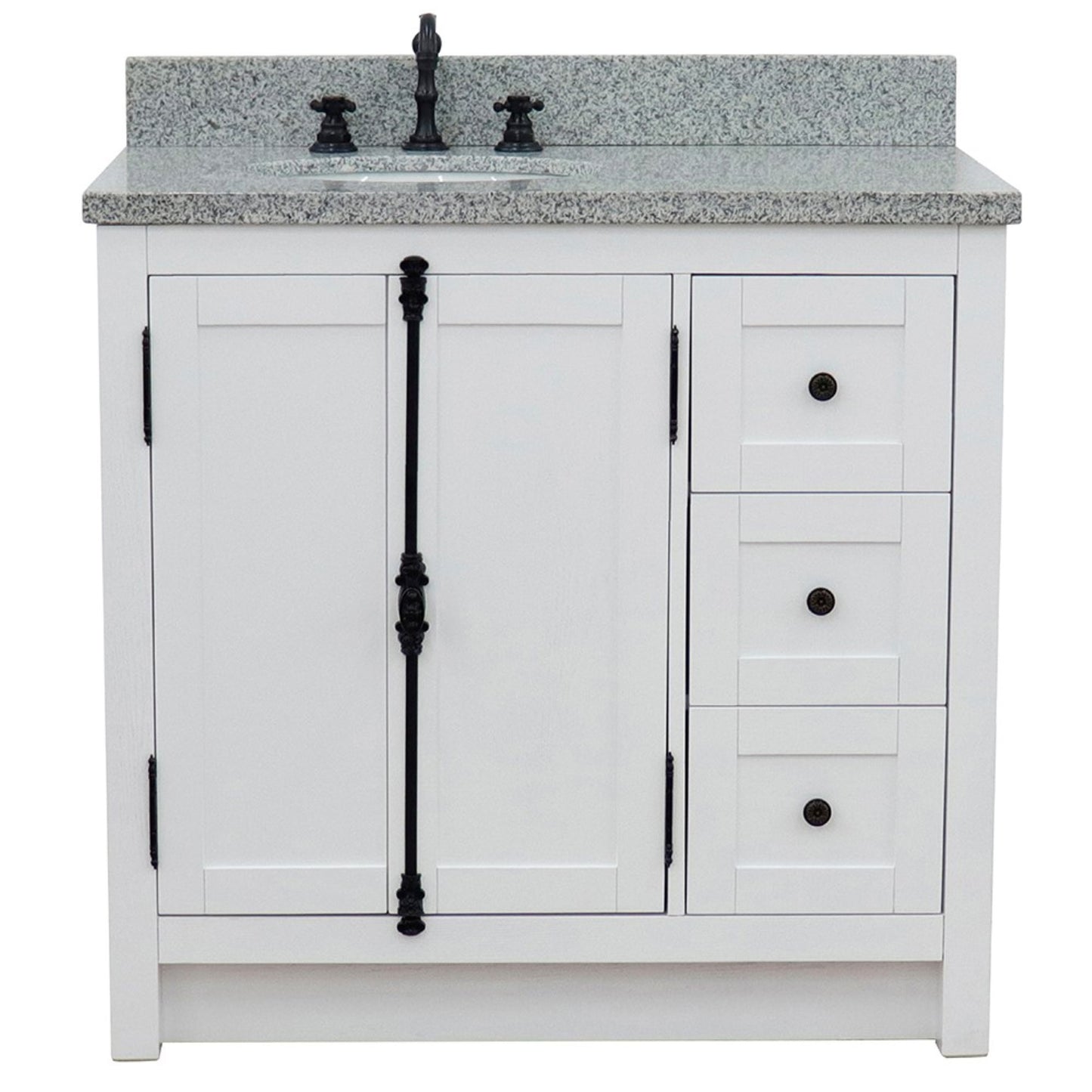 37" Single vanity in Glacier Ash finish with Gray granite top and oval sink Left doors/Left sink