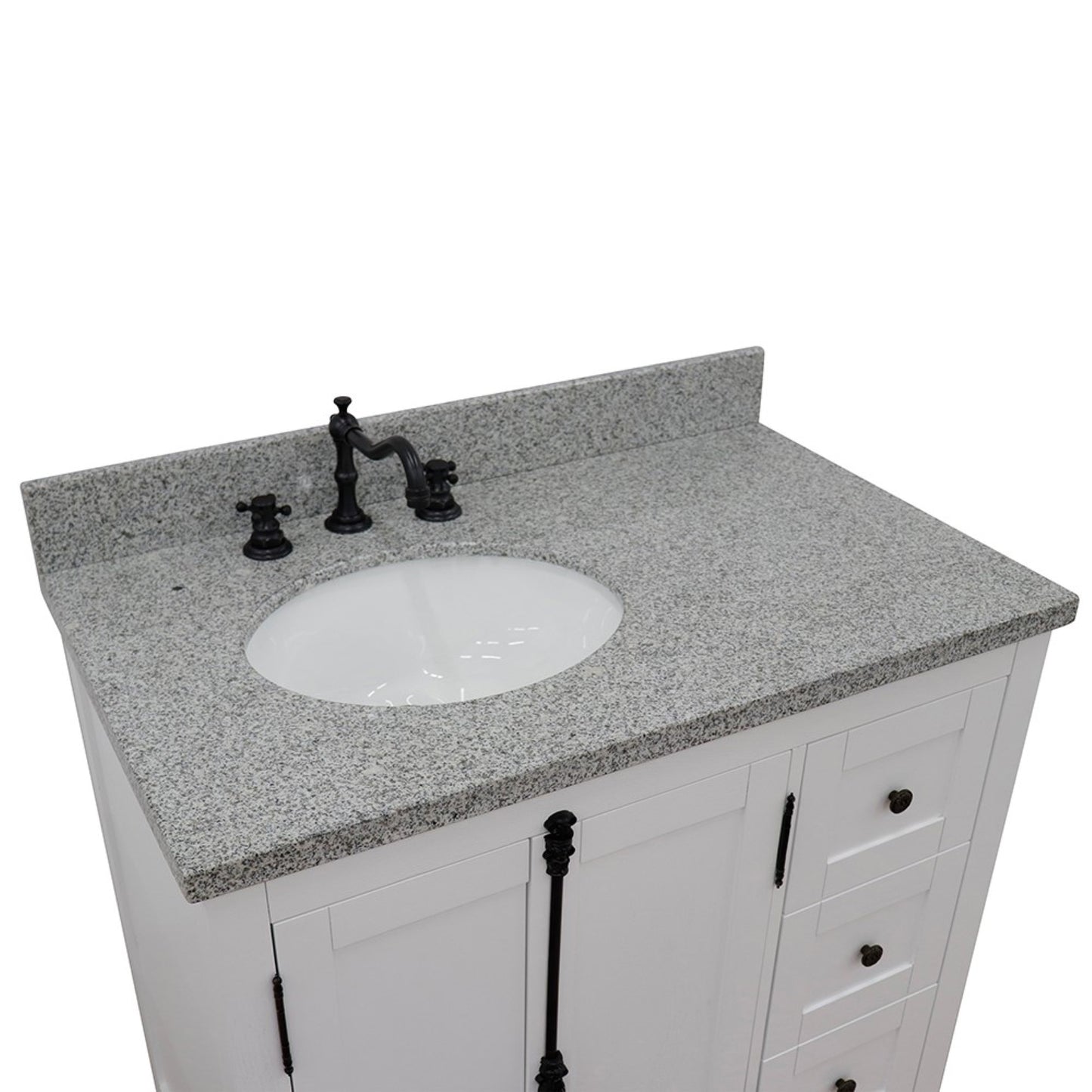 37" Single vanity in Glacier Ash finish with Gray granite top and oval sink Left doors/Left sink