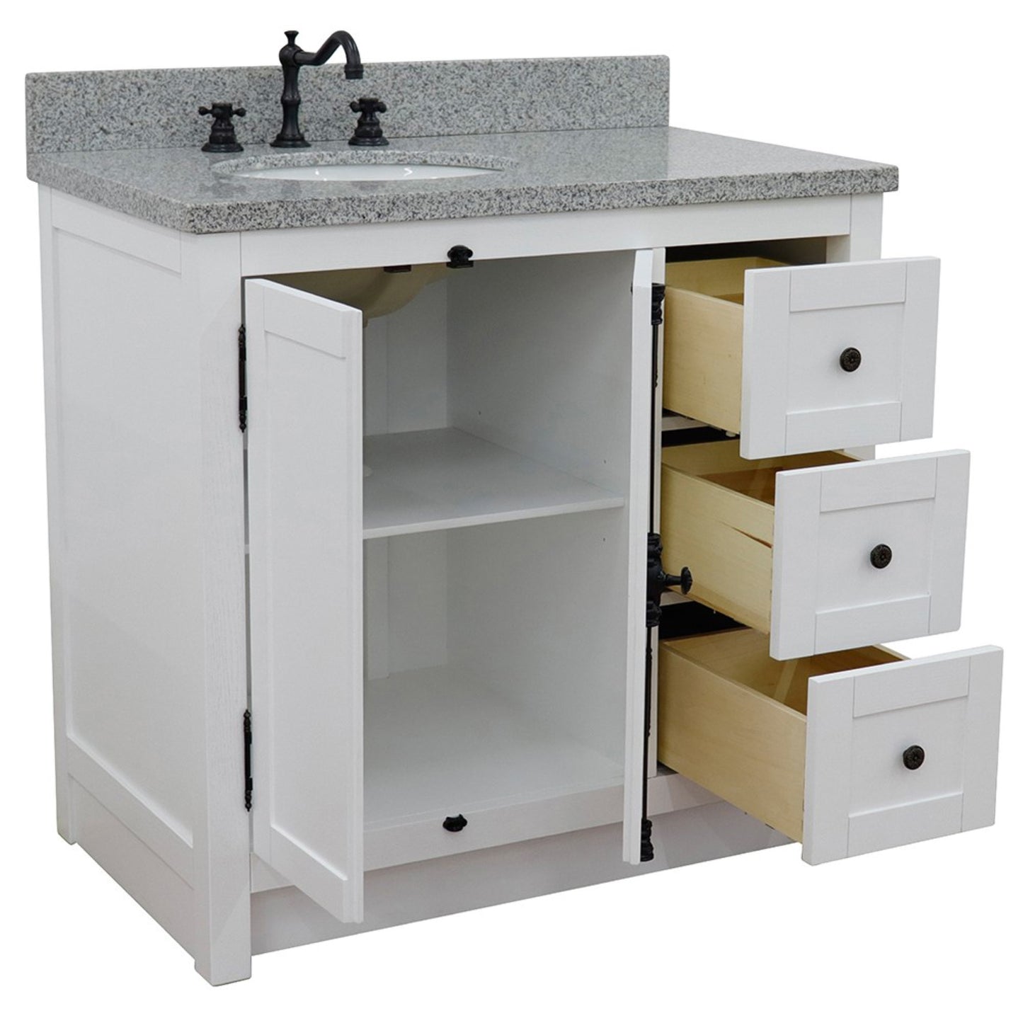 37" Single vanity in Glacier Ash finish with Gray granite top and oval sink Left doors/Left sink