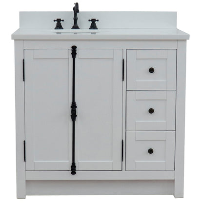 37" Single vanity in Glacier Ash finish with White engineered stone top and oval sink Left doors/Left sink