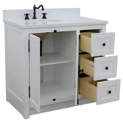 37" Single vanity in Glacier Ash finish with White engineered stone top and oval sink Left doors/Left sink