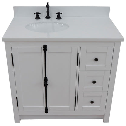 37" Single vanity in Glacier Ash finish with White engineered stone top and oval sink Left doors/Left sink