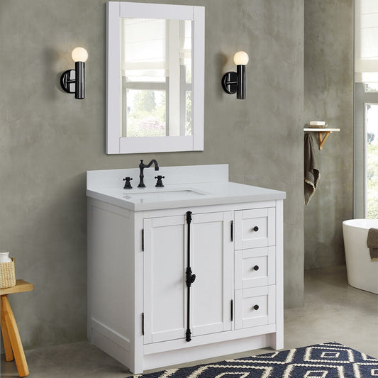 37" Single vanity in Glacier Ash finish with White engineered stone top and rectangle sink Left doors/Left sink