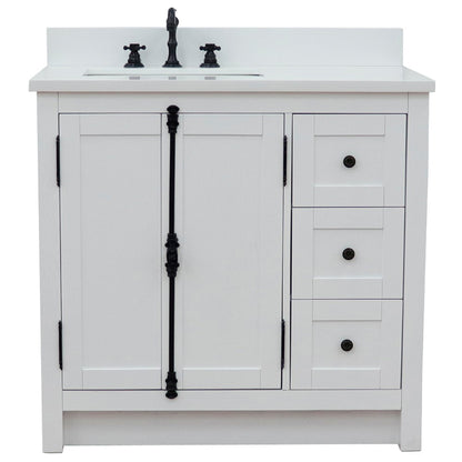 37" Single vanity in Glacier Ash finish with White engineered stone top and rectangle sink Left doors/Left sink