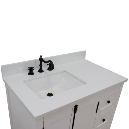 37" Single vanity in Glacier Ash finish with White engineered stone top and rectangle sink Left doors/Left sink