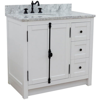 37" Single vanity in Glacier Ash finish with White Carrara top and oval sink Left doors/Left sink