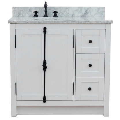 37" Single vanity in Glacier Ash finish with White Carrara top and oval sink Left doors/Left sink
