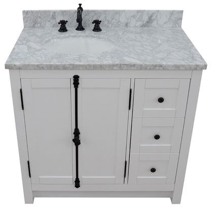 37" Single vanity in Glacier Ash finish with White Carrara top and oval sink Left doors/Left sink