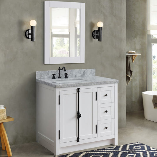 37" Single vanity in Glacier Ash finish with White Carrara top and rectangle sink Left doors/Left sink