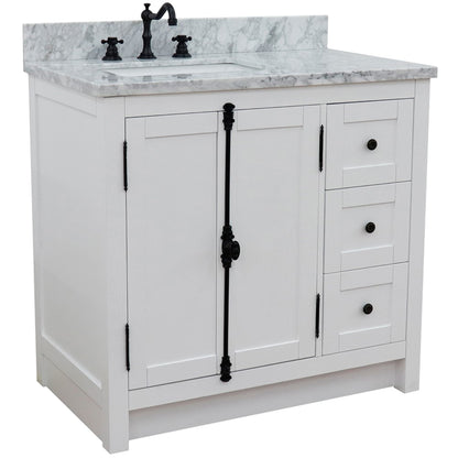 37" Single vanity in Glacier Ash finish with White Carrara top and rectangle sink Left doors/Left sink