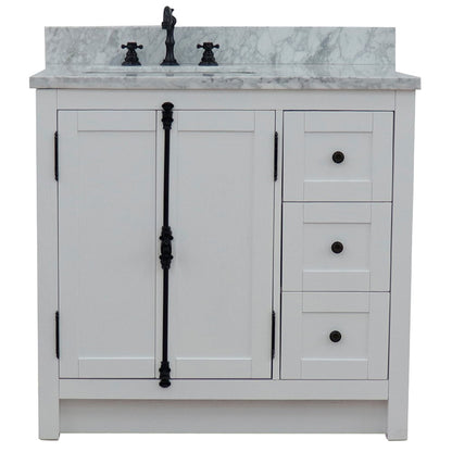 37" Single vanity in Glacier Ash finish with White Carrara top and rectangle sink Left doors/Left sink