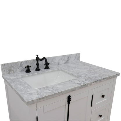 37" Single vanity in Glacier Ash finish with White Carrara top and rectangle sink Left doors/Left sink