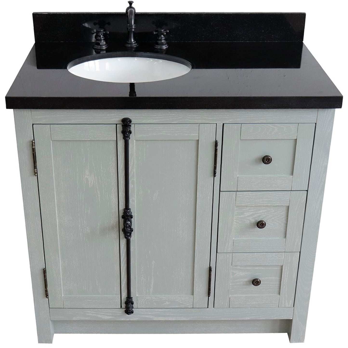 37" Single vanity in Gray Ash finish with Black galaxy top and oval sink Left doors/Left sink