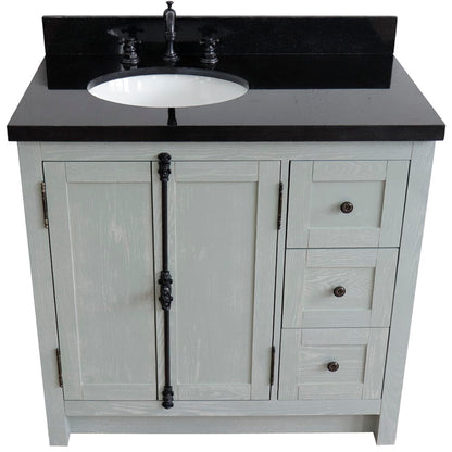 37" Single vanity in Gray Ash finish with Black galaxy top and oval sink Left doors/Left sink