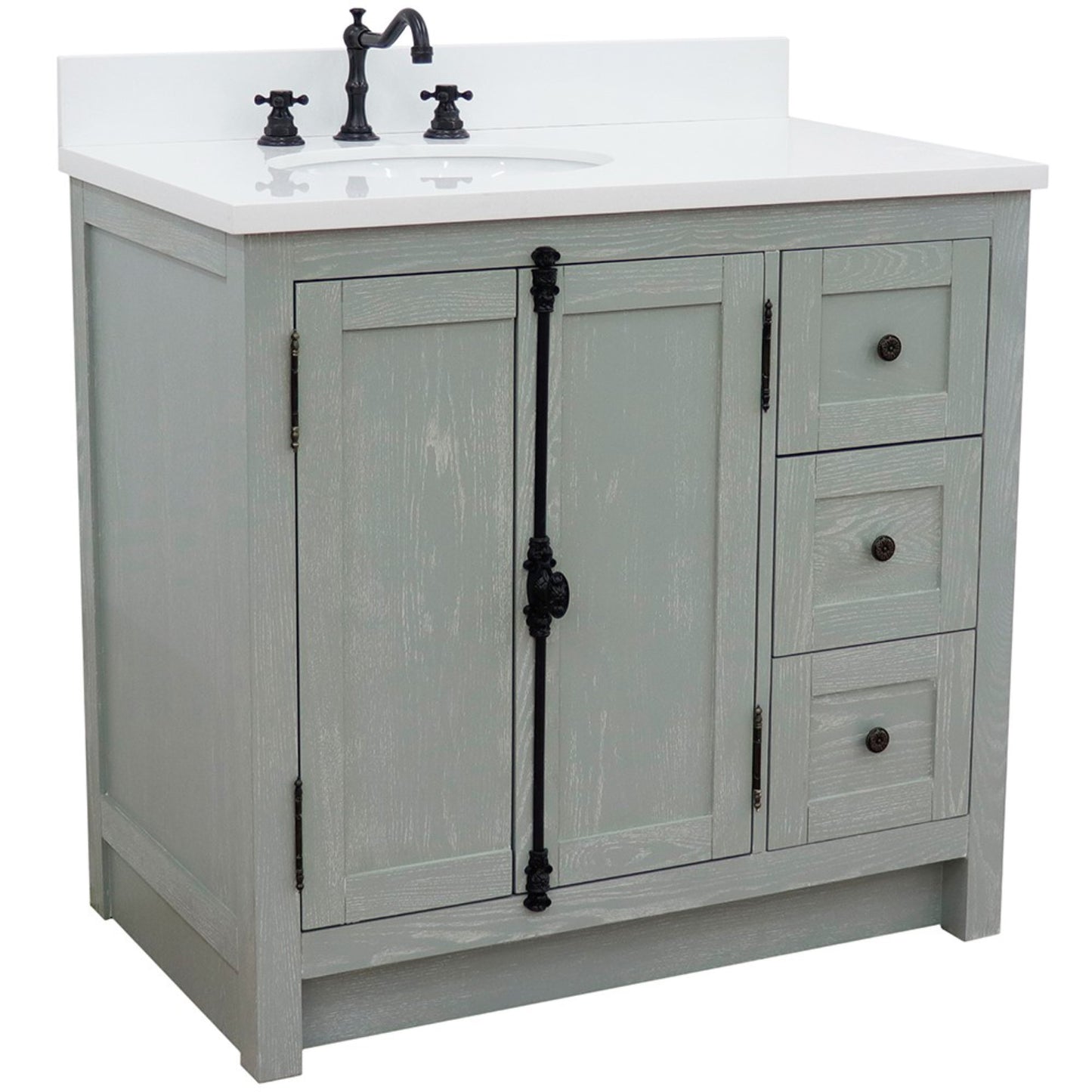 37" Single vanity in Gray Ash finish with White engineered stone top and oval sink Left doors/Left sink