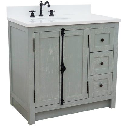 37" Single vanity in Gray Ash finish with White engineered stone top and oval sink Left doors/Left sink