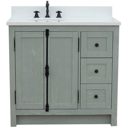 37" Single vanity in Gray Ash finish with White engineered stone top and oval sink Left doors/Left sink