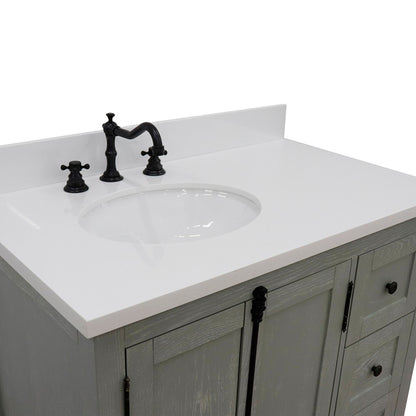 37" Single vanity in Gray Ash finish with White engineered stone top and oval sink Left doors/Left sink