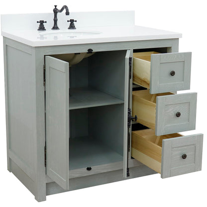 37" Single vanity in Gray Ash finish with White engineered stone top and oval sink Left doors/Left sink