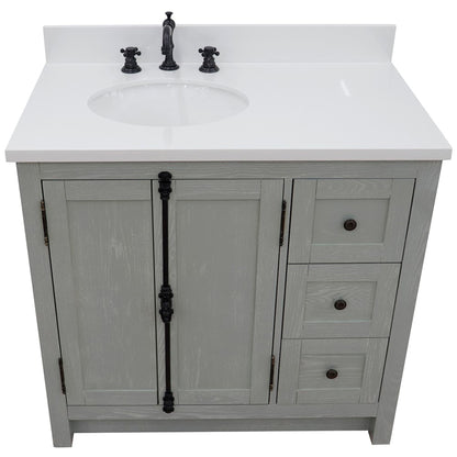 37" Single vanity in Gray Ash finish with White engineered stone top and oval sink Left doors/Left sink