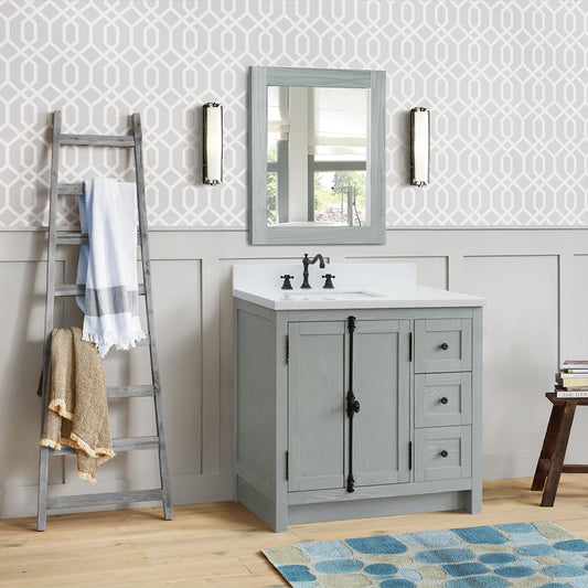 37" Single vanity in Gray Ash finish with White engineered stone top and rectangle sink Left doors/Left sink