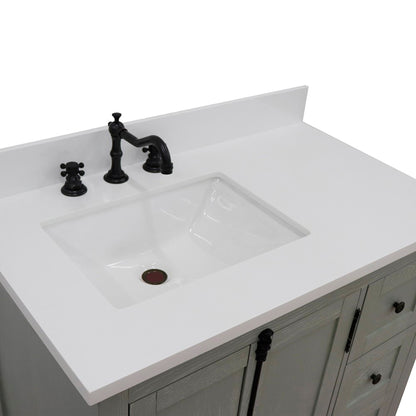 37" Single vanity in Gray Ash finish with White engineered stone top and rectangle sink Left doors/Left sink