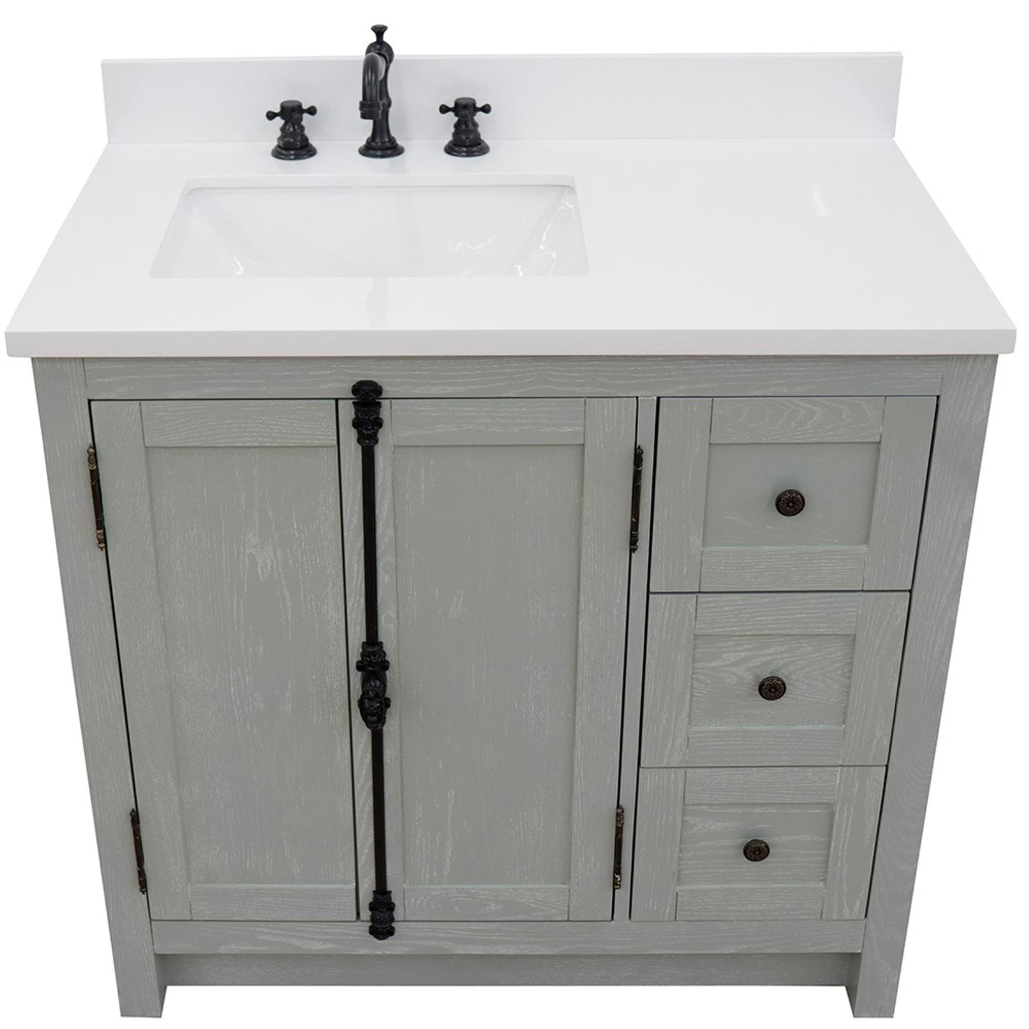 37" Single vanity in Gray Ash finish with White engineered stone top and rectangle sink Left doors/Left sink