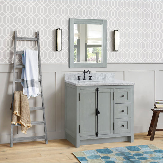 37" Single vanity in Gray Ash finish with White Carrara top and oval sink Left doors/Left sink
