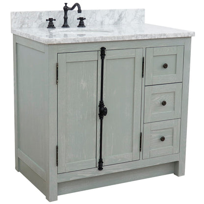 37" Single vanity in Gray Ash finish with White Carrara top and oval sink Left doors/Left sink