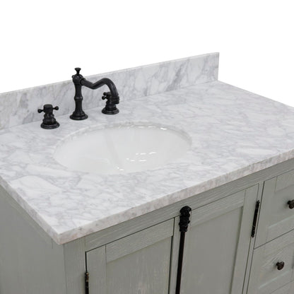 37" Single vanity in Gray Ash finish with White Carrara top and oval sink Left doors/Left sink