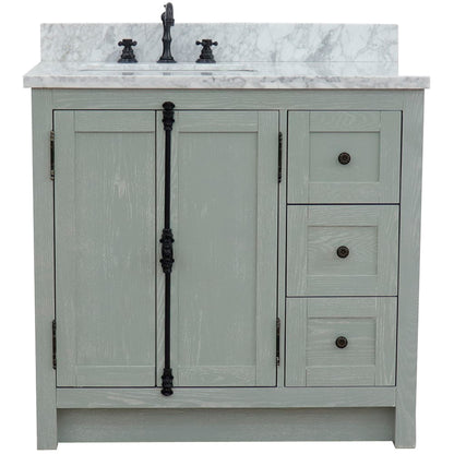 37" Single vanity in Gray Ash finish with White Carrara top and rectangle sink Left doors/Left sink
