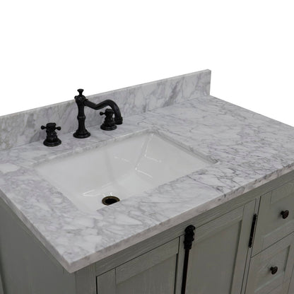 37" Single vanity in Gray Ash finish with White Carrara top and rectangle sink Left doors/Left sink