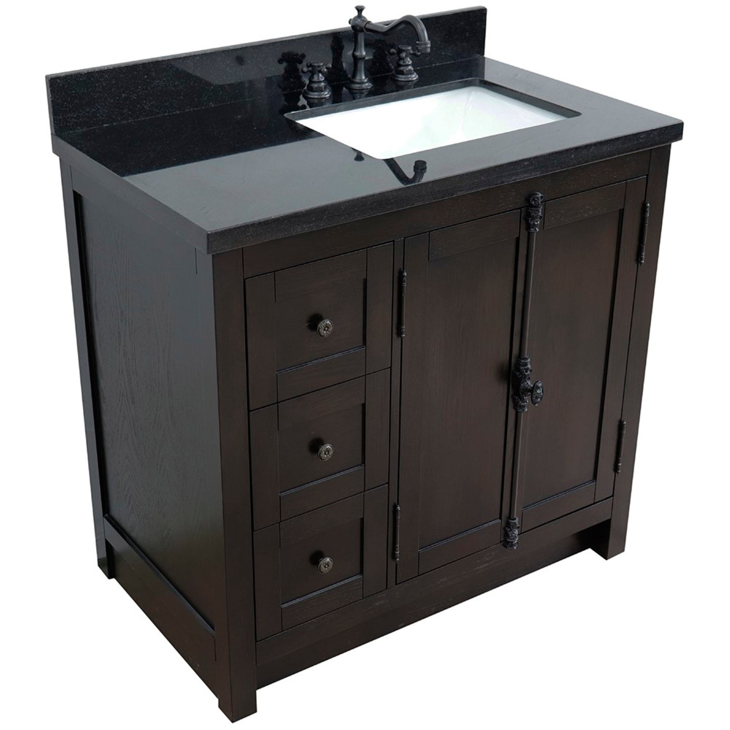 37" Single vanity in Brown Ash finish with Black galaxy top and rectangle sink Right doors/Right sink