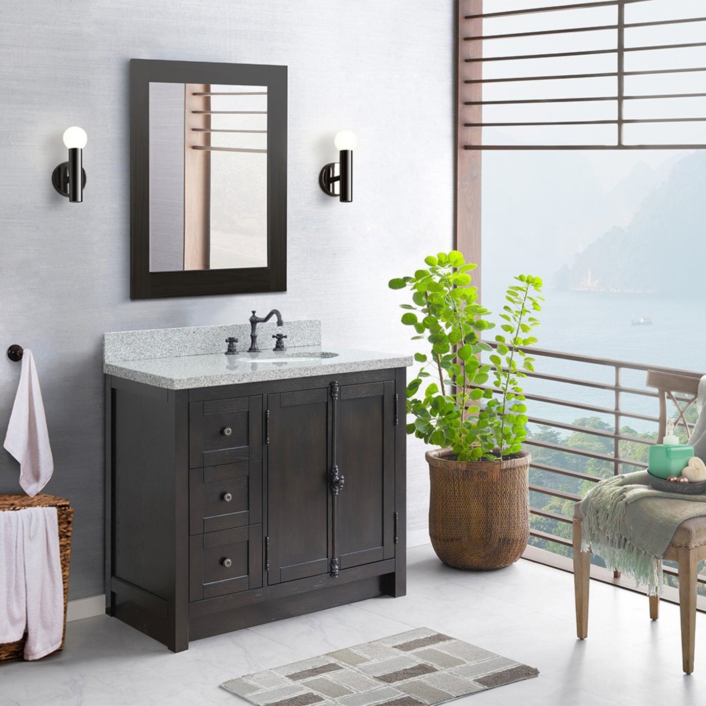 37" Single vanity in Brown Ash finish with Gray granite top and oval sink Right doors/Right sink