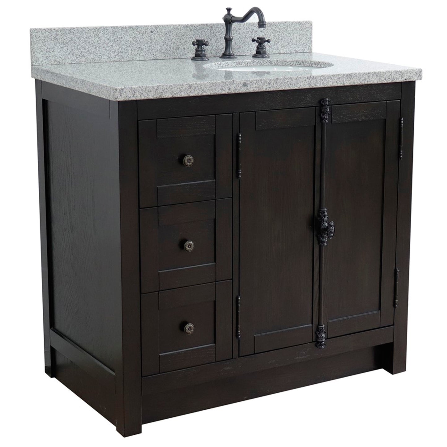 37" Single vanity in Brown Ash finish with Gray granite top and oval sink Right doors/Right sink
